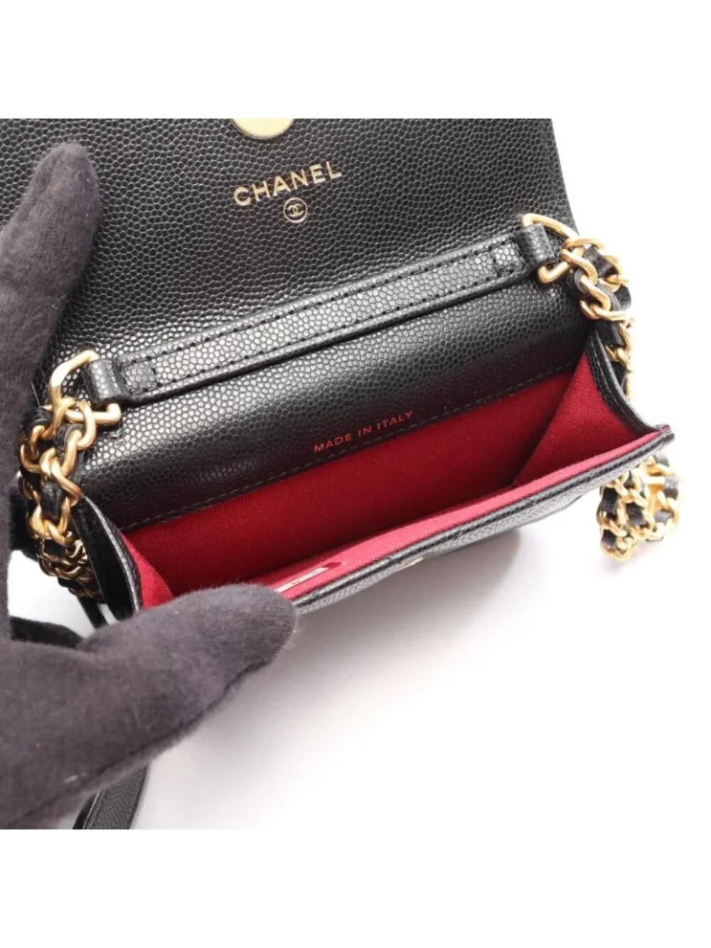 Chanel Shoulder Bag Quilted Card Slot Black Caviar Leather Classic Flap